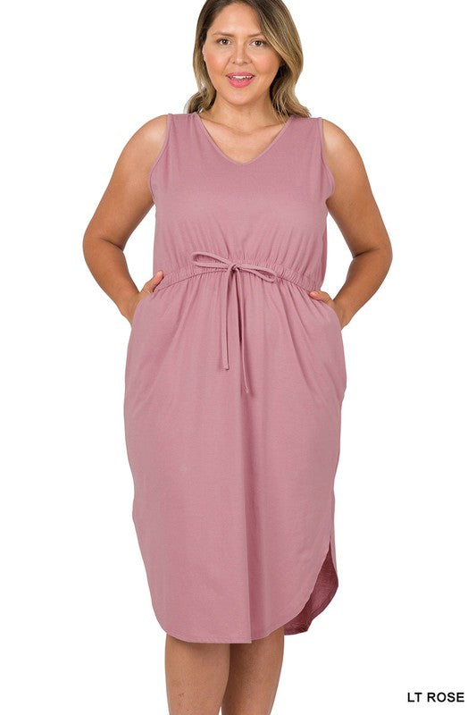 Plus Drawstring Waist Curved Hem Dress