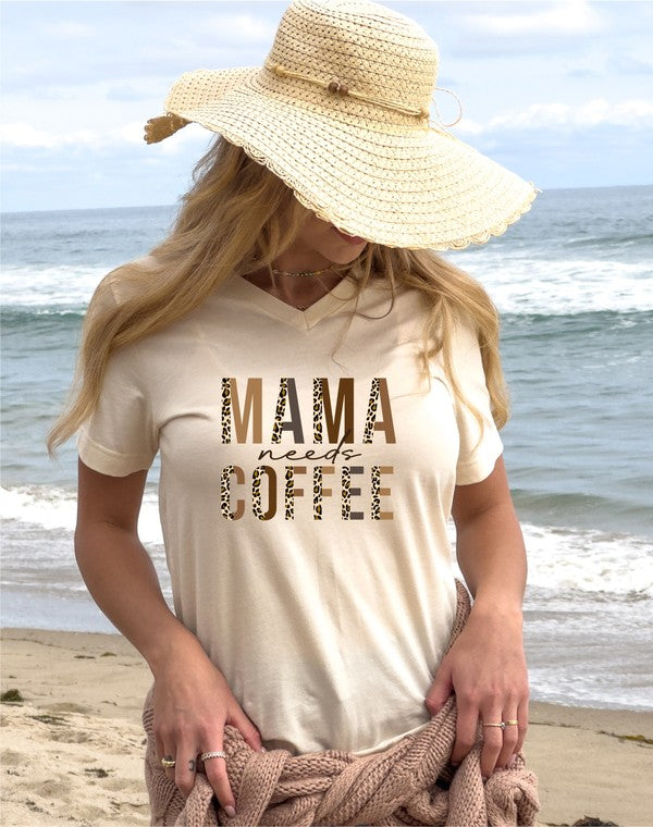 V-Neck Leopard Mama Needs Coffee Graphic Tee