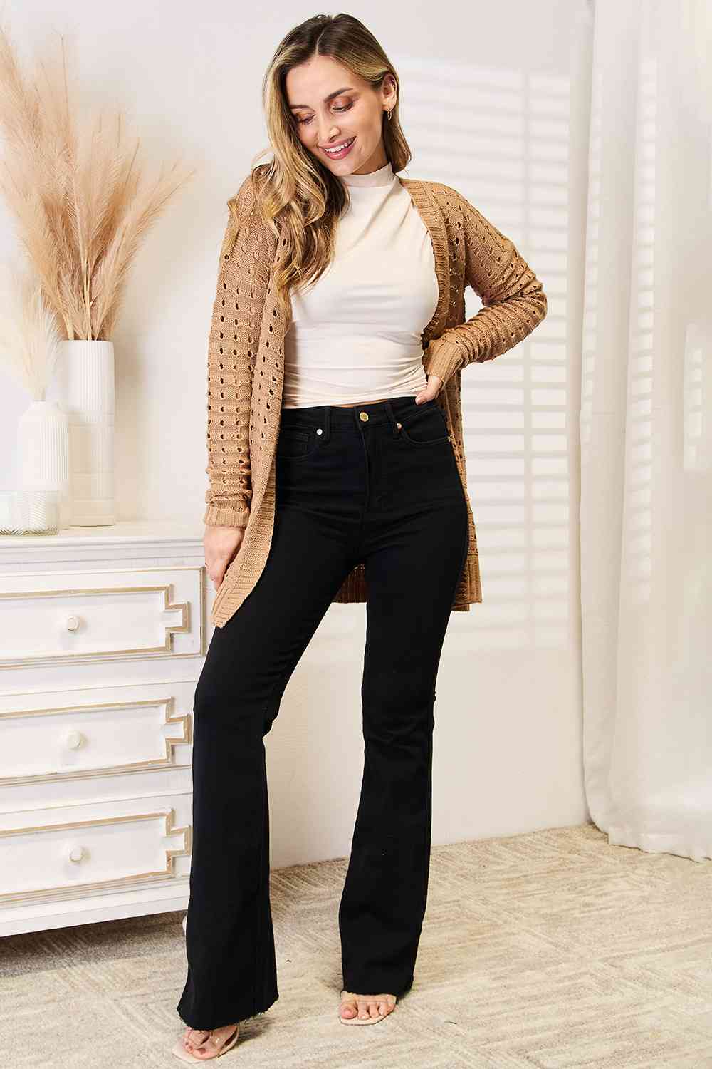 Woven Right Openwork Horizontal Ribbing Open Front Cardigan